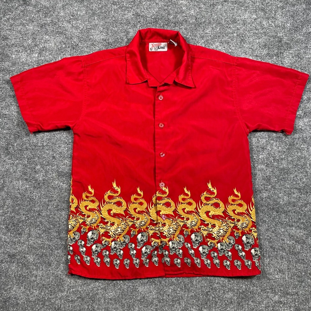 Xtreme Limit Red Dragon‎ Skull Graphic Button Down Shirt Mens Medium 10/12 Y2K
